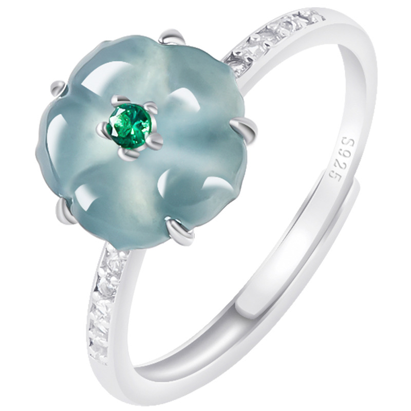 Women Accessories For Gift - Blue Burmese Jadeite Flower Rings 925