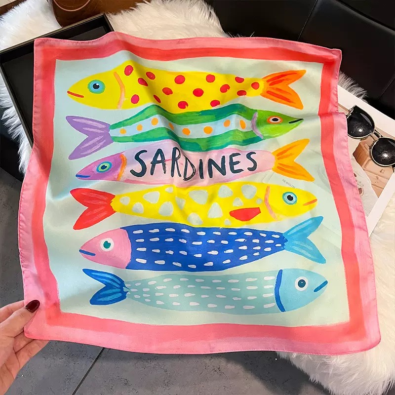 Silk Scarf Square - Fashion Fish Pattern Square Silk Head
