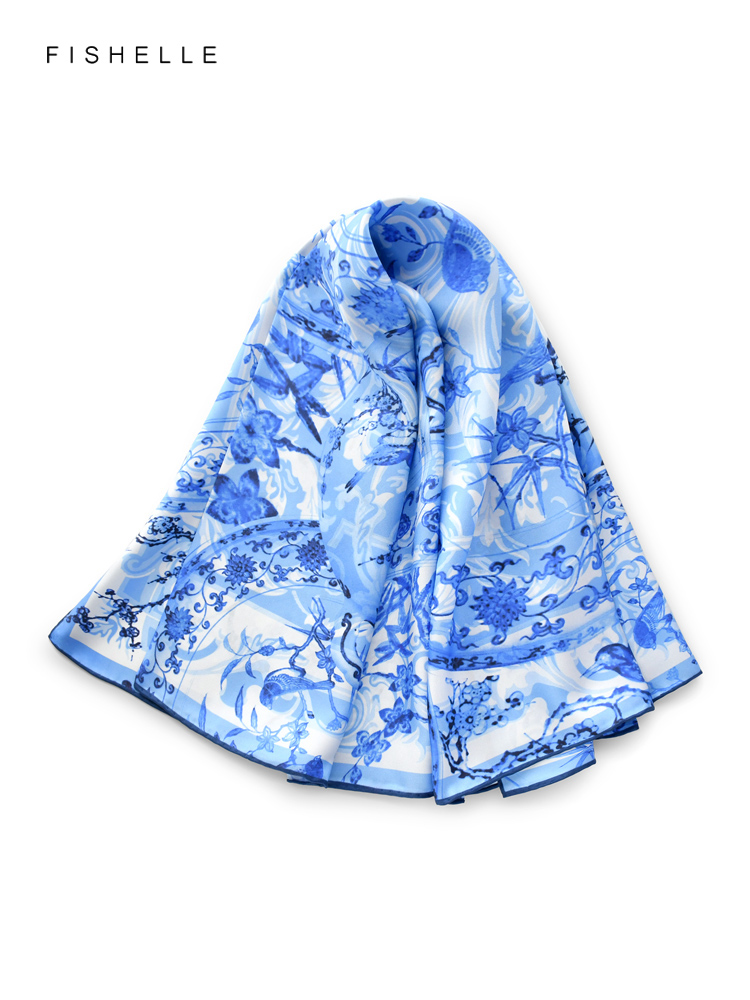 Blue flowers birds 100% natura - Silk Scarf Square 评论和价格