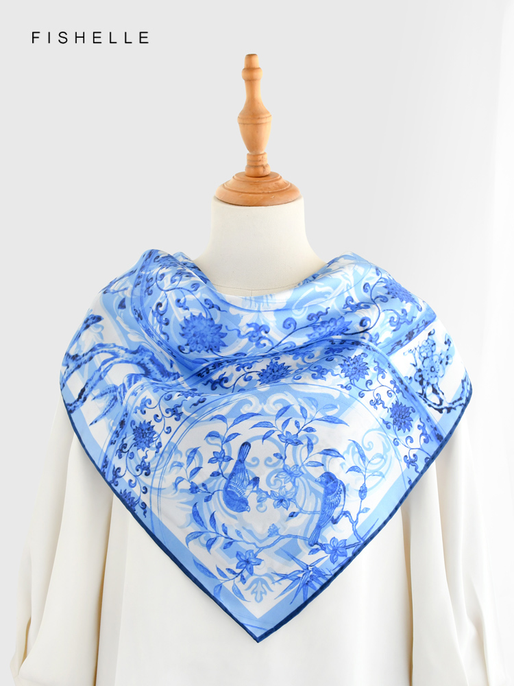 Blue flowers birds 100% natura - Silk Scarf Square 评论和价格